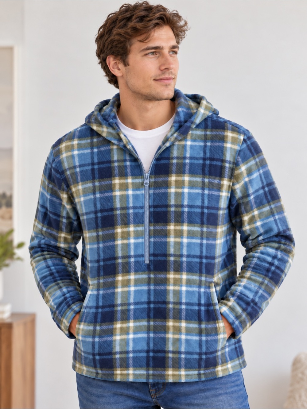 O’Neill Men’s Plaid Fleece Zip-Up Hoodie Jacket XL Blue Green